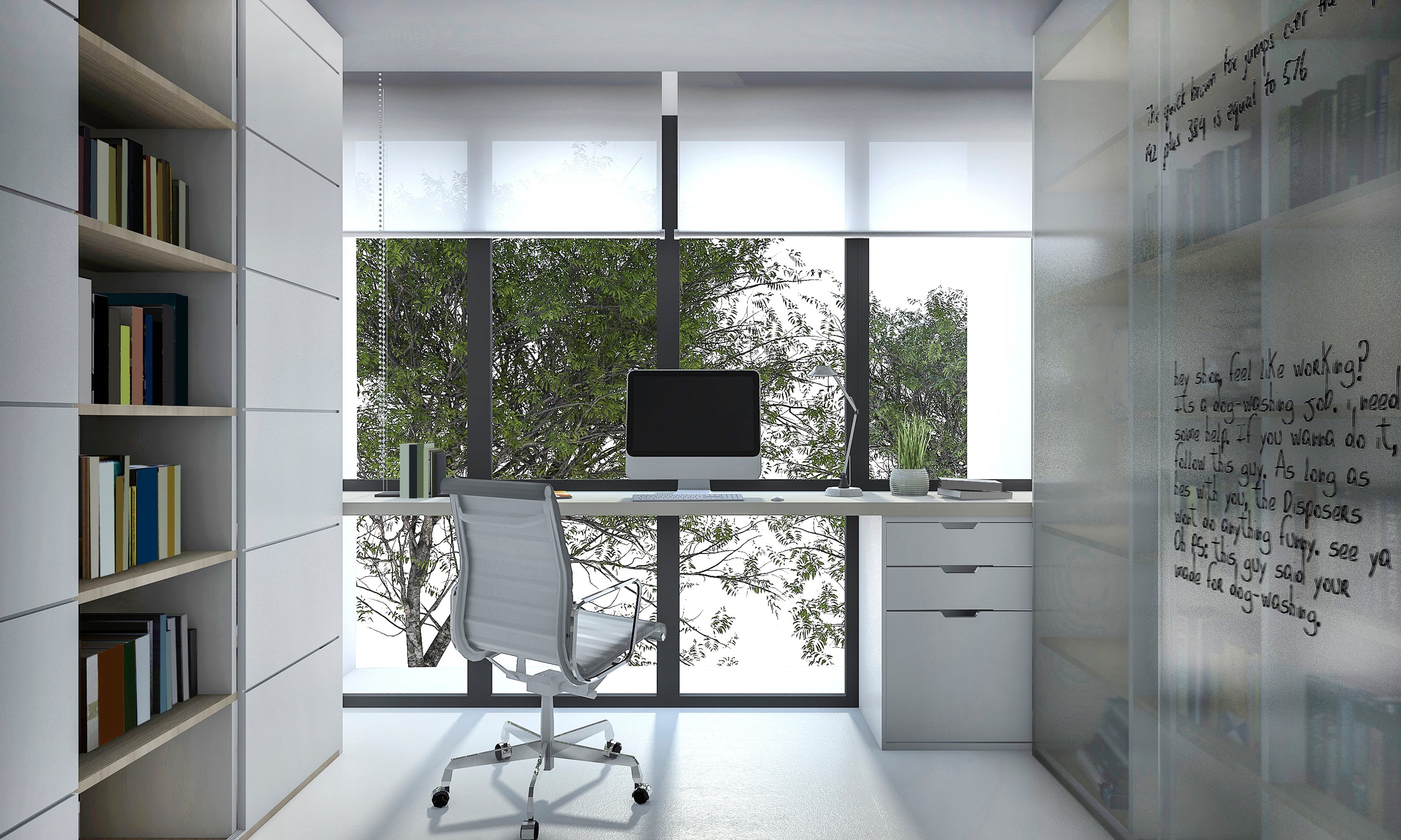 Modern home office interior with ergonomic chair and desk, large windows framing exterior greenery.