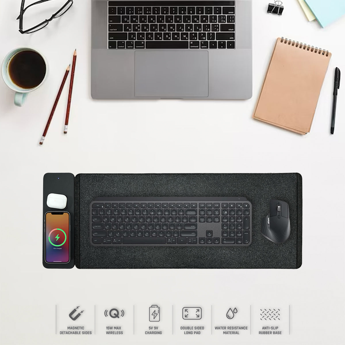 Comfy Desk Mat, Mouse Pad With Detachable Wireless Charging Pad