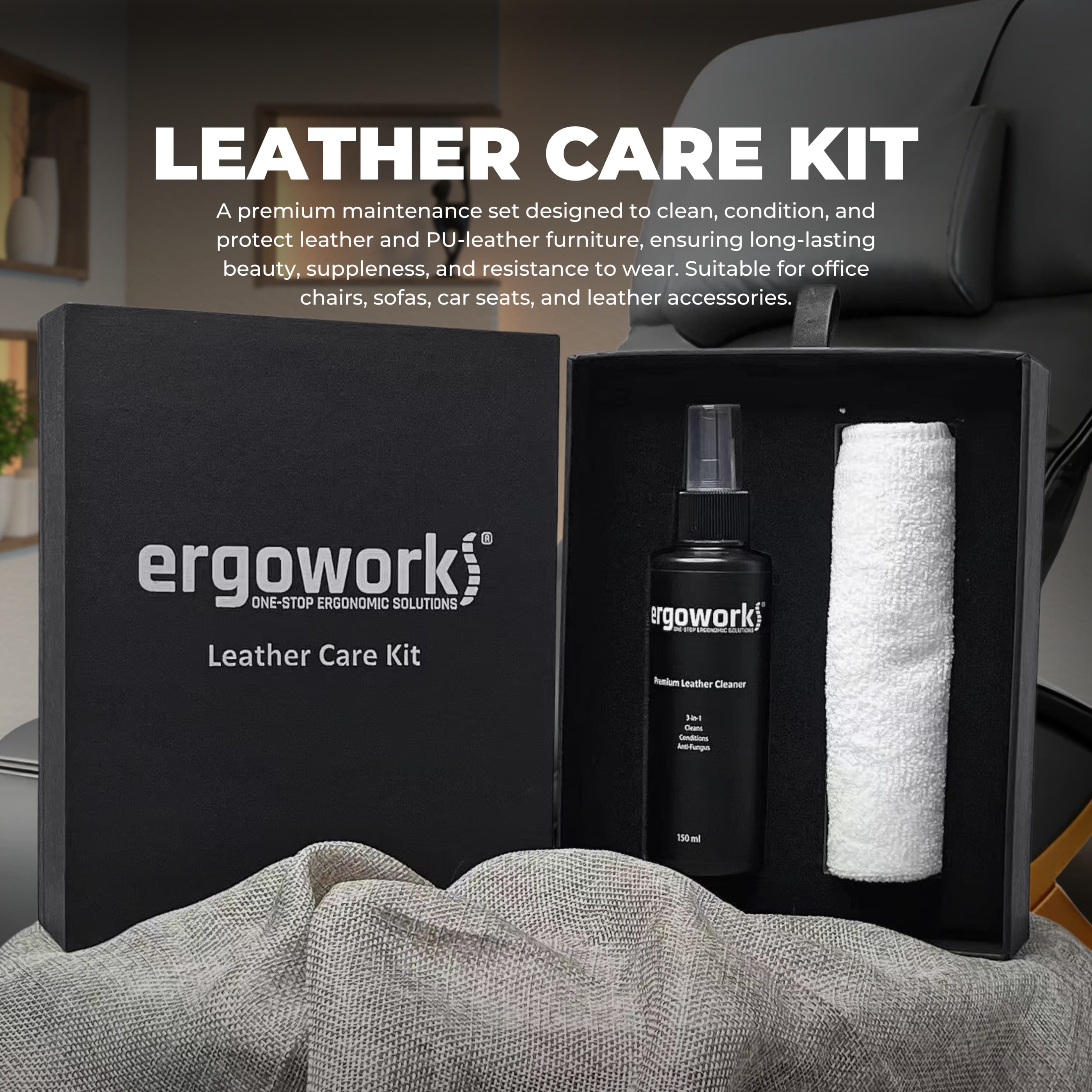 Leather Cleaner & Care Kit 150ml for Chairs | Ergoworks