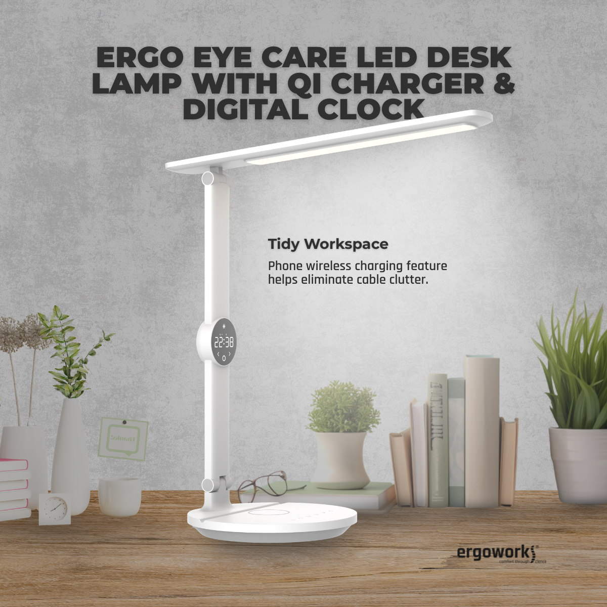 Ergo Eye Care Led Desk Lamp with Qi Charger & Digital Clock