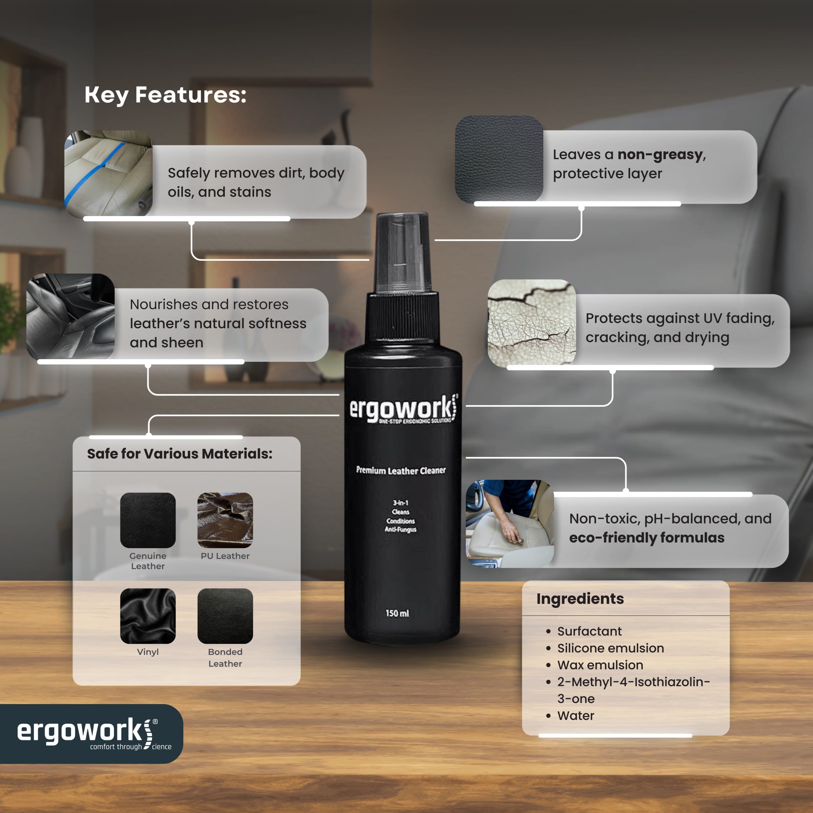 Leather Cleaner & Care Kit 150ml for Chairs | Ergoworks