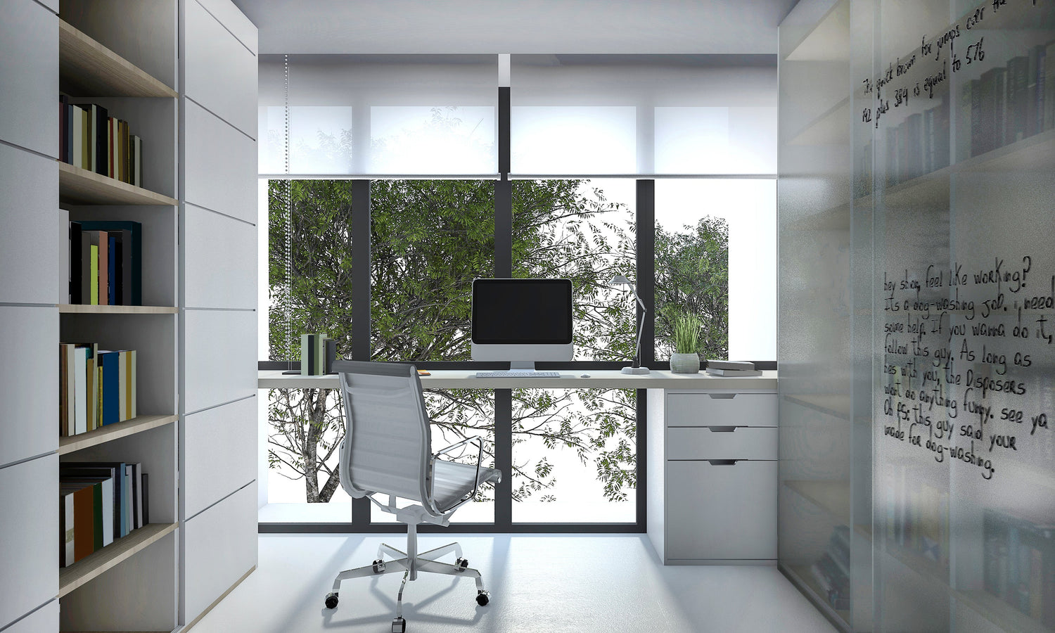 Modern home office interior with ergonomic chair and desk, large windows framing exterior greenery.