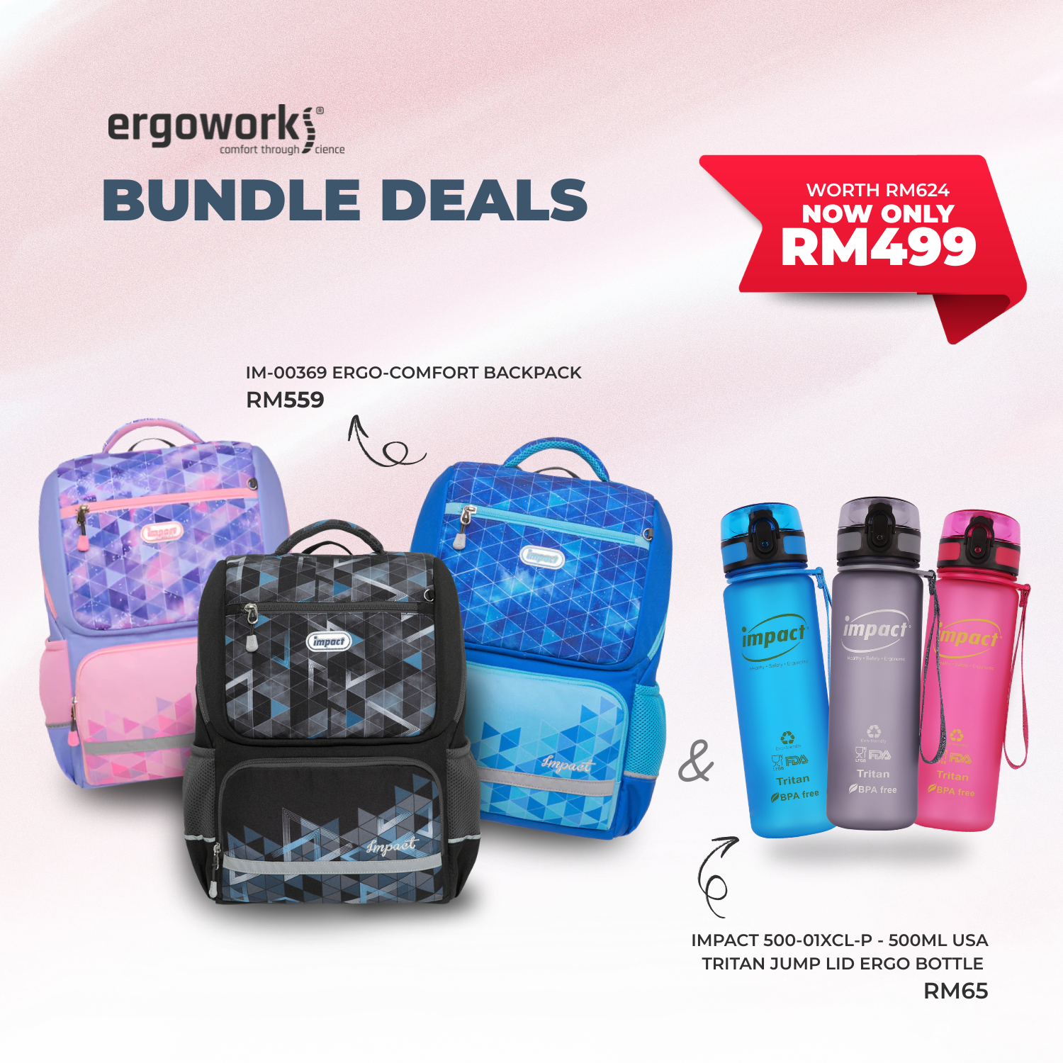 [Bundle Deals] Ergonomic Backpack + Ergo Bottle 500ML (IM-00369/500-01XCL-P)