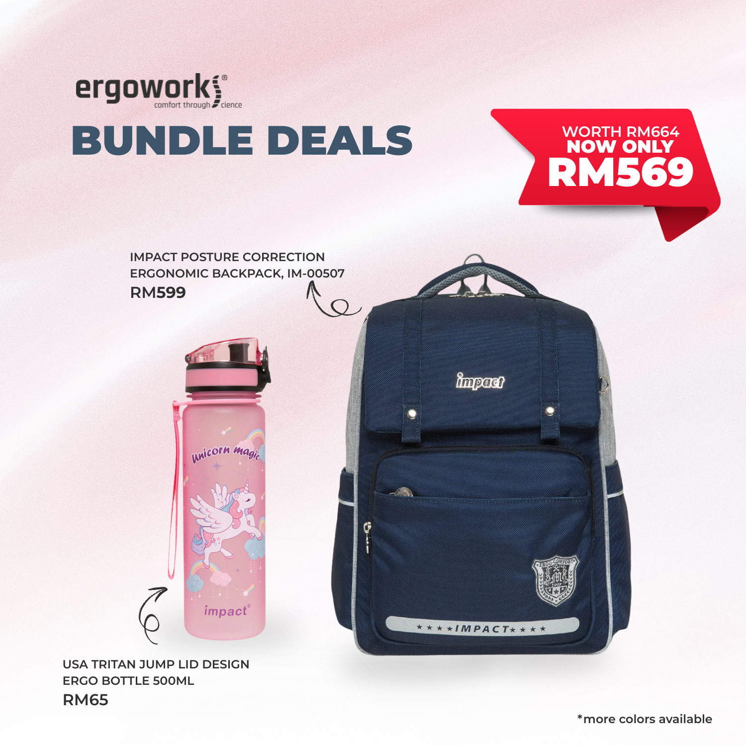 [Bundle Deals] Ergonomic Backpack + Ergo Bottle 500ML (IM-00507/IM-00B11/IM-00B12)