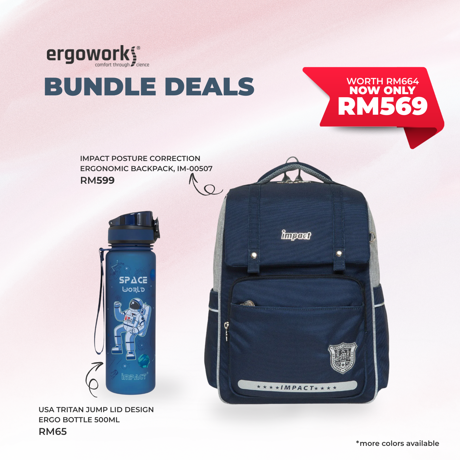 [Bundle Deals] Ergonomic Backpack + Ergo Bottle 500ML (IM-00507/IM-00B11/IM-00B12)