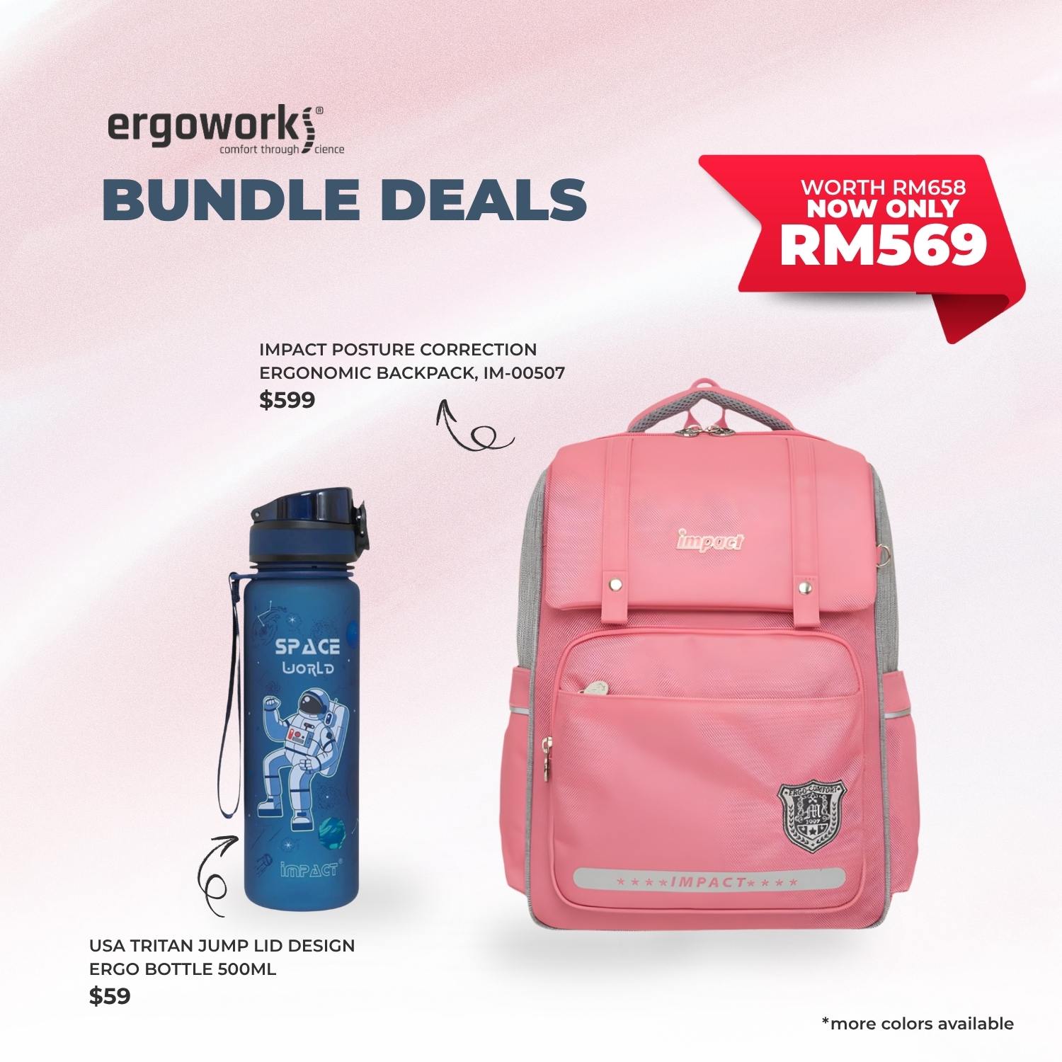 [Bundle Deals] Ergonomic Backpack + Ergo Bottle 500ML (IM-00507/IM-00B11/IM-00B12)