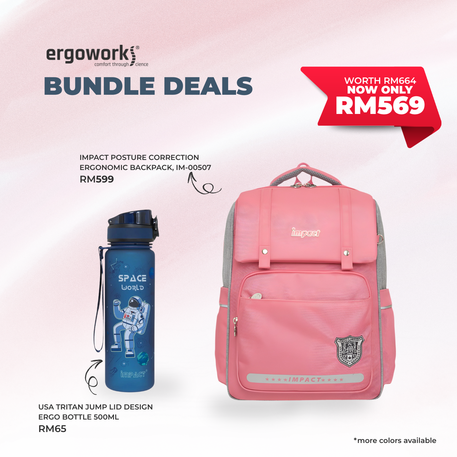 [Bundle Deals] Ergonomic Backpack + Ergo Bottle 500ML (IM-00507/IM-00B11/IM-00B12)