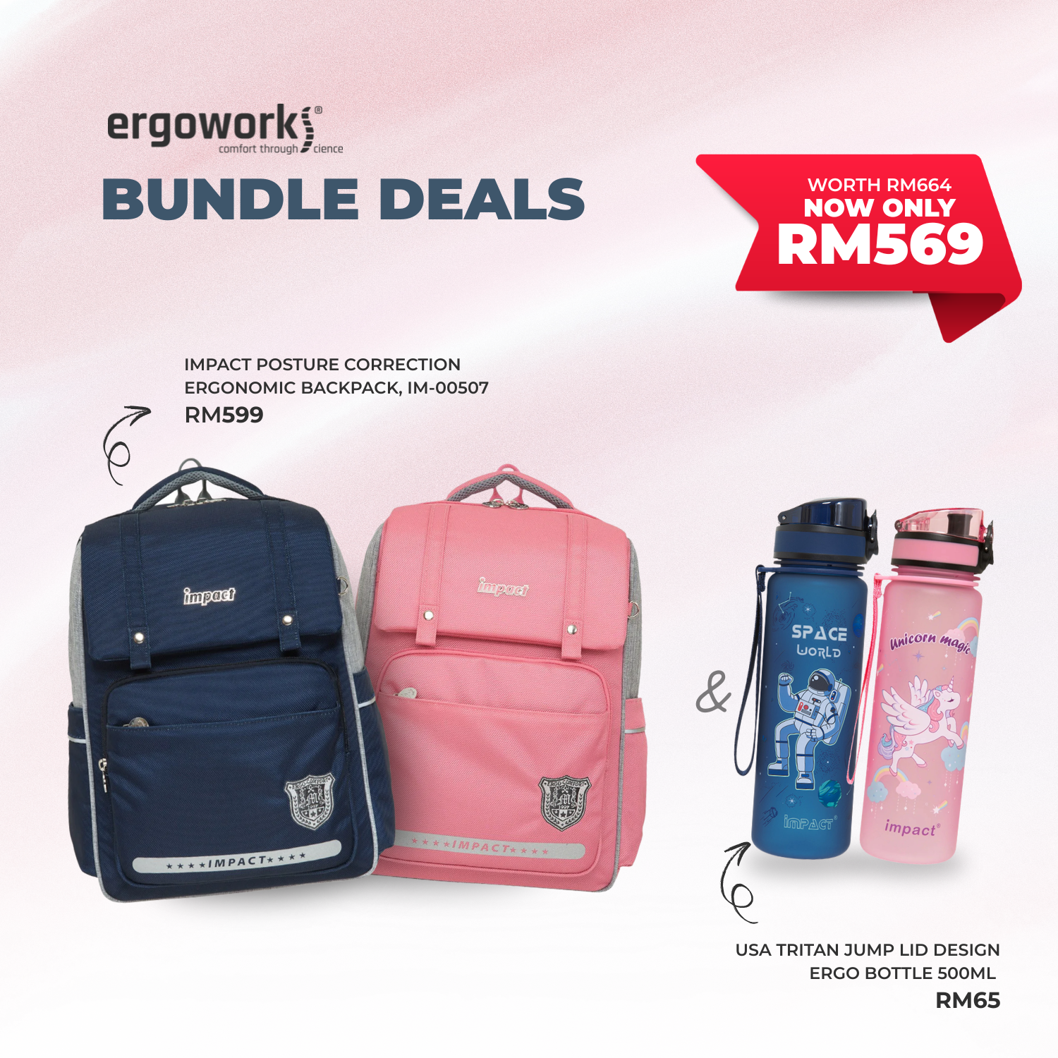 [Bundle Deals] Ergonomic Backpack + Ergo Bottle 500ML (IM-00507/IM-00B11/IM-00B12)