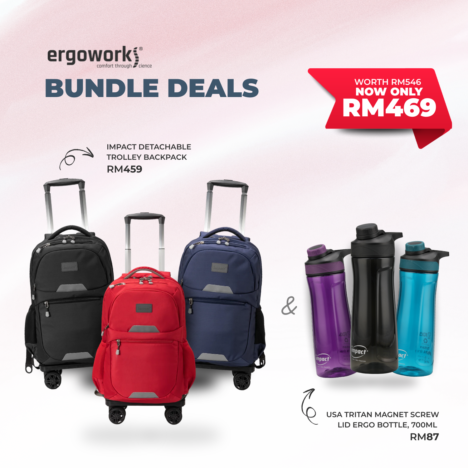 [Bundle Deals] Impact Detachable Trolley Backpack + Ergo Bottle 700ML (IP-2300/700-7019)