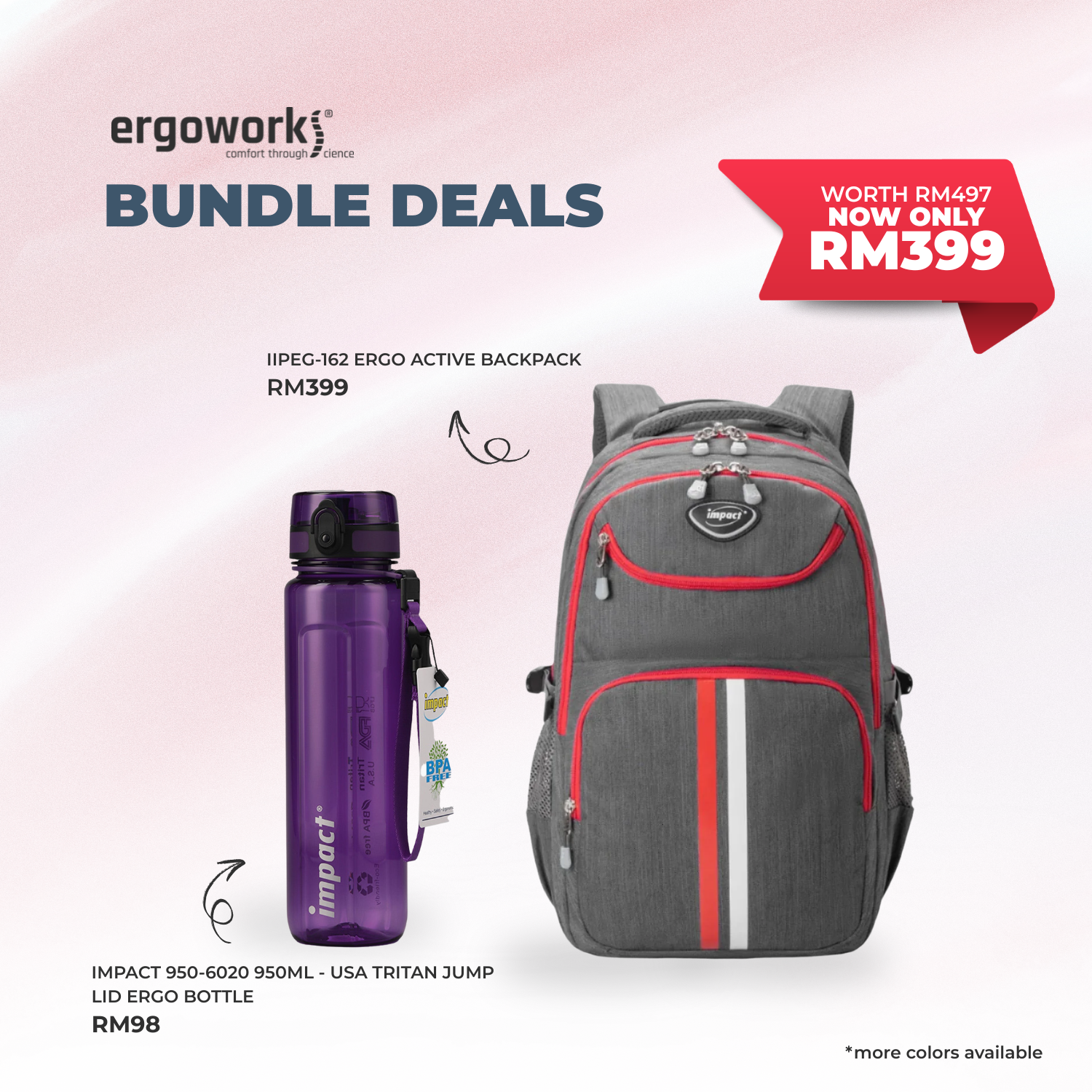 [Bundle Deals] Ergonomic Backpack + Ergo Bottle 950ML (IPEG-162/950-6020)