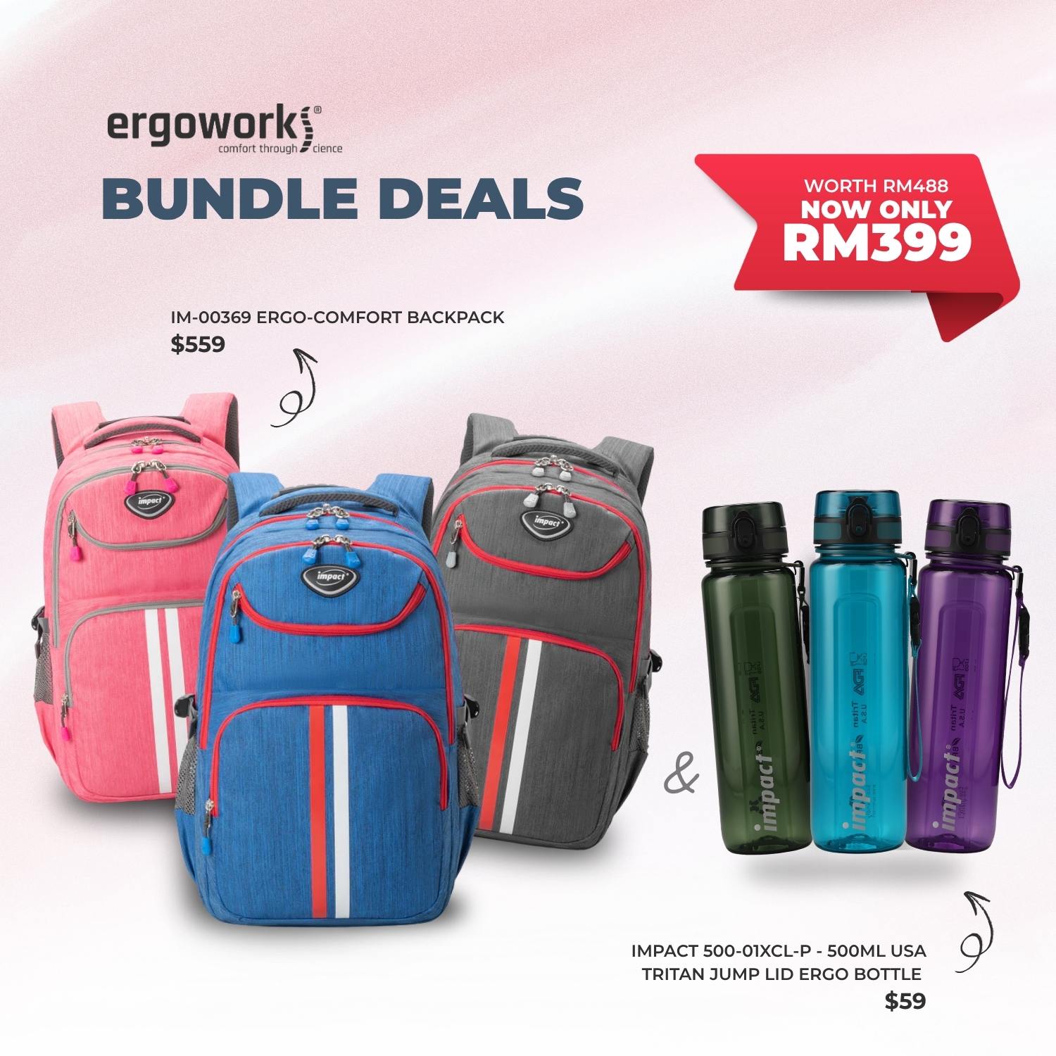 [Bundle Deals] Ergonomic Backpack + Ergo Bottle 950ML (IPEG-162/950-6020)