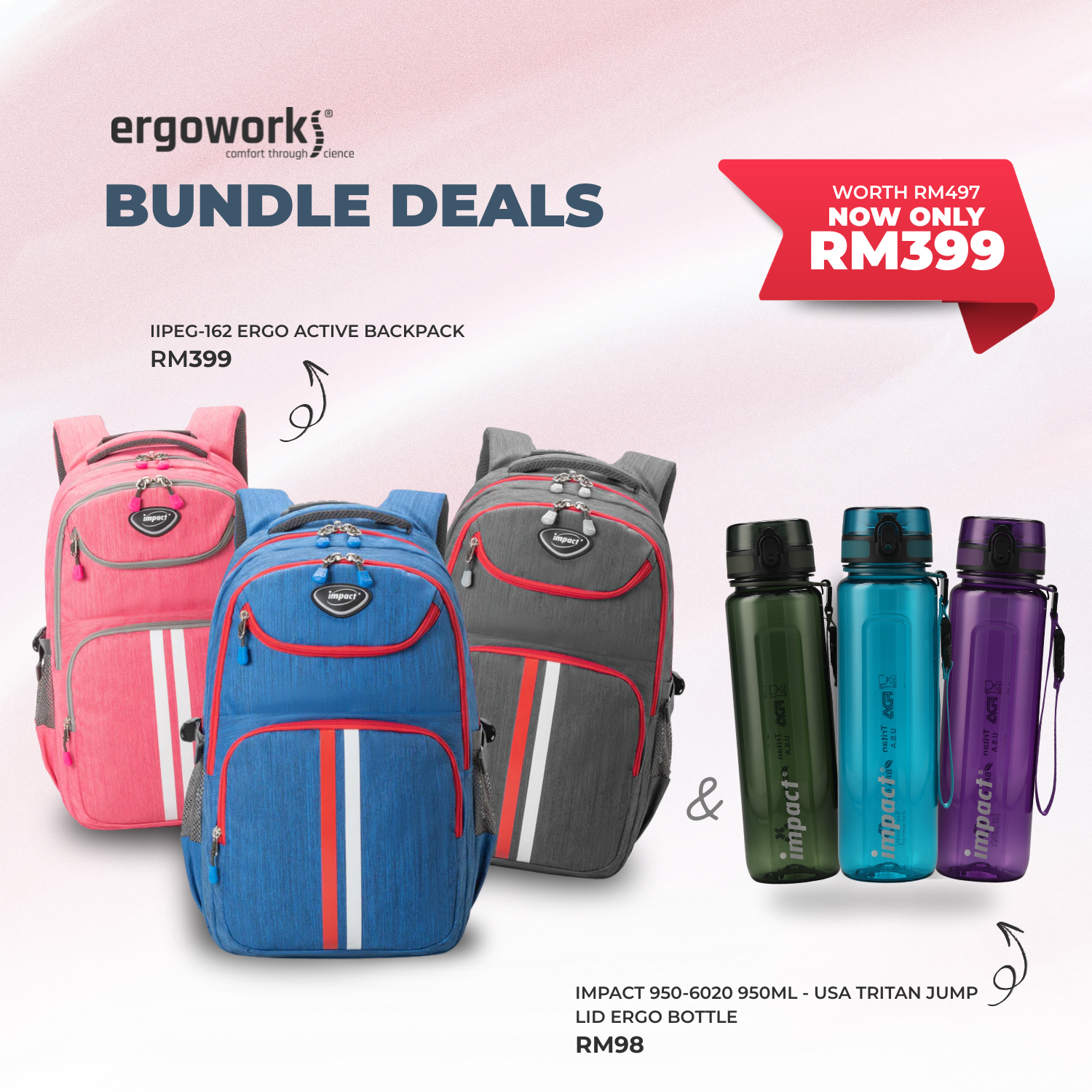 [Bundle Deals] Ergonomic Backpack + Ergo Bottle 950ML (IPEG-162/950-6020)