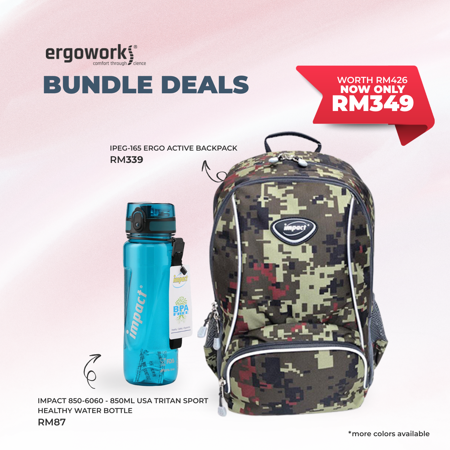 [Bundle Deals] Ergonomic Backpack + Ergo Bottle 850ML (IPEG-165/850-6060)