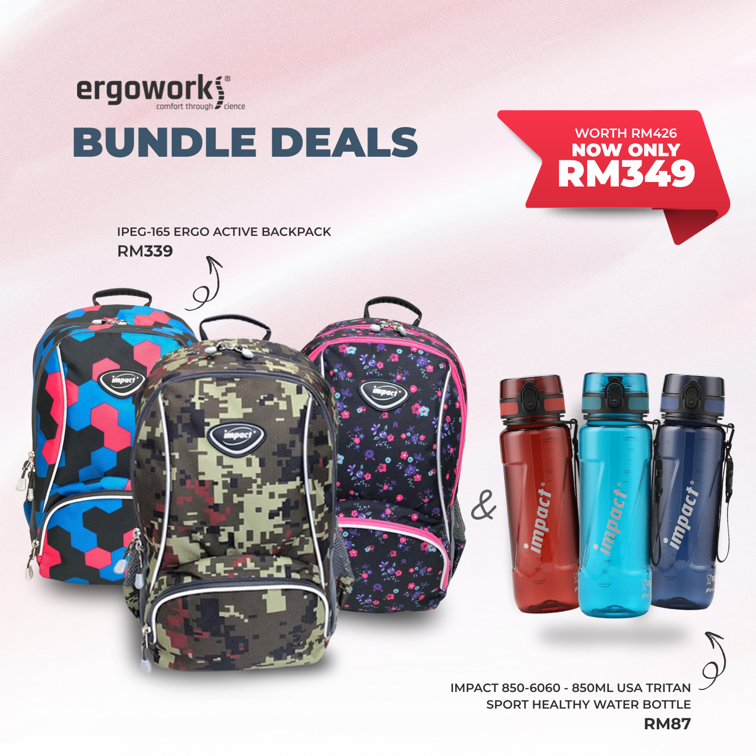[Bundle Deals] Ergonomic Backpack + Ergo Bottle 850ML (IPEG-165/850-6060)