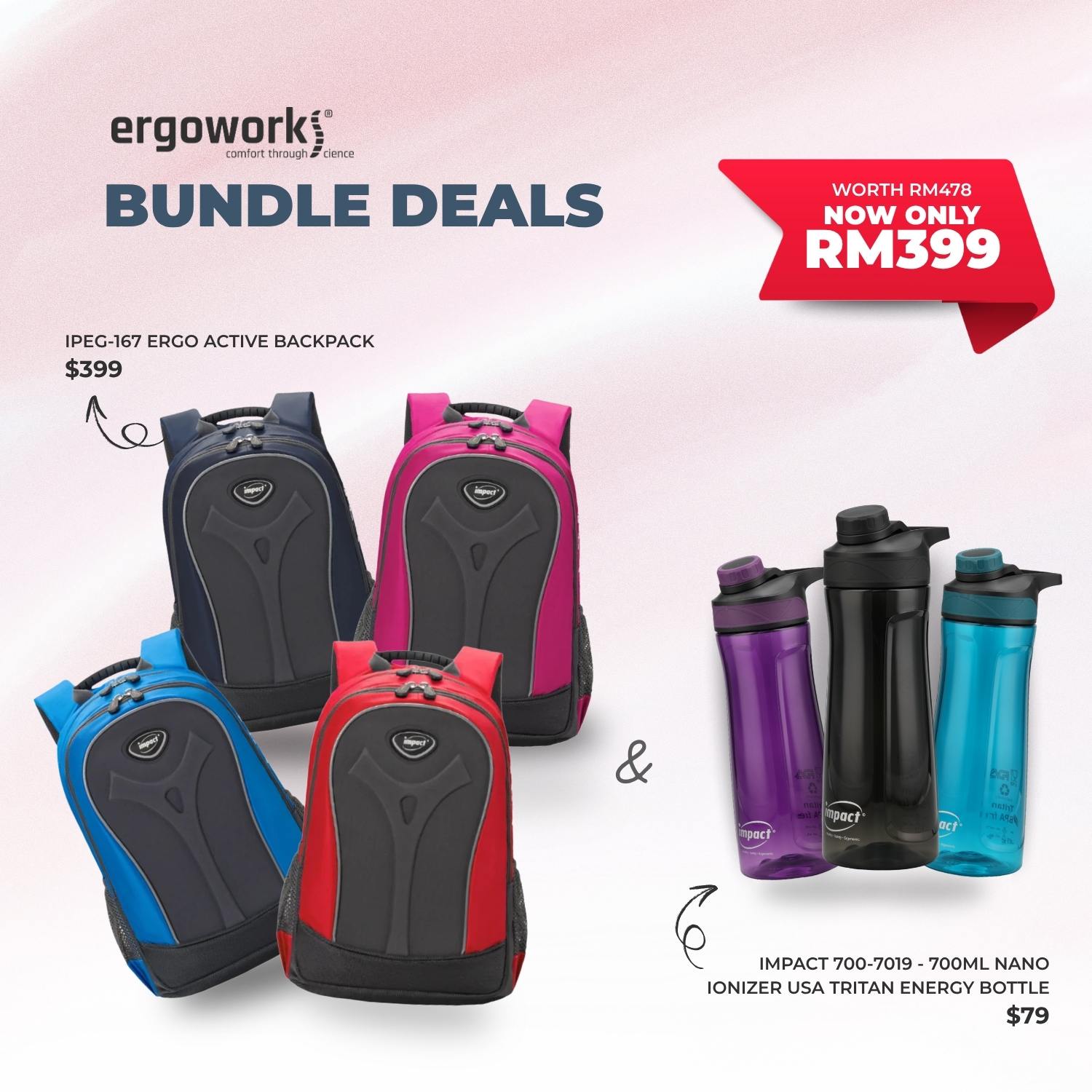 [Bundle Deals] Ergonomic Backpack + Ergo Bottle 700ML (IPEG-167/700-7019-BK)