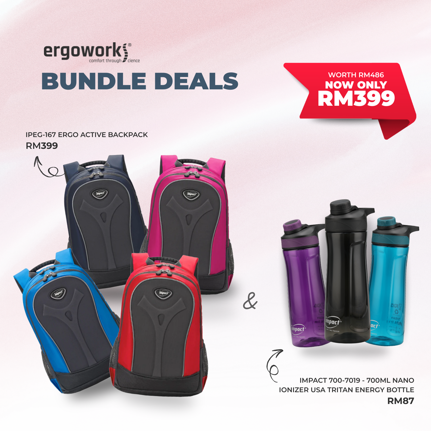 [Bundle Deals] Ergonomic Backpack + Ergo Bottle 700ML (IPEG-167/700-7019-BK)