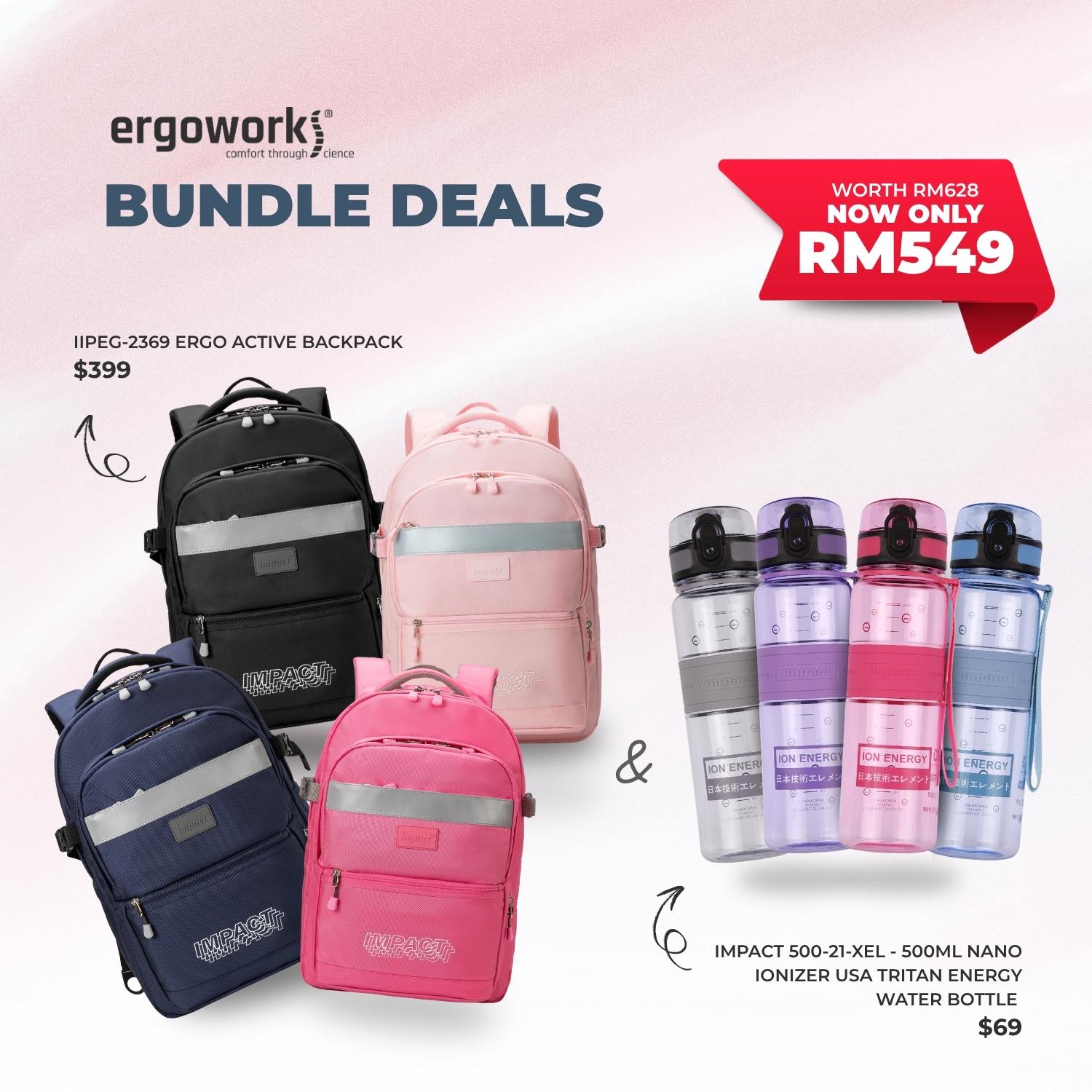[Bundle Deals] Ergonomic Backpack + Ergo Bottle 500ML (IPEG-2369/500-21-XEL)