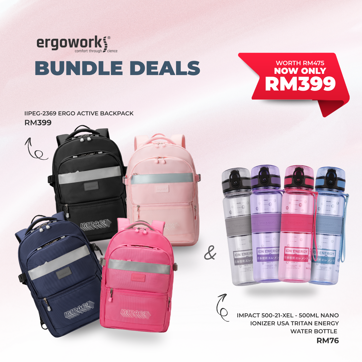 [Bundle Deals] Ergonomic Backpack + Ergo Bottle 500ML (IPEG-2369/500-21-XEL)