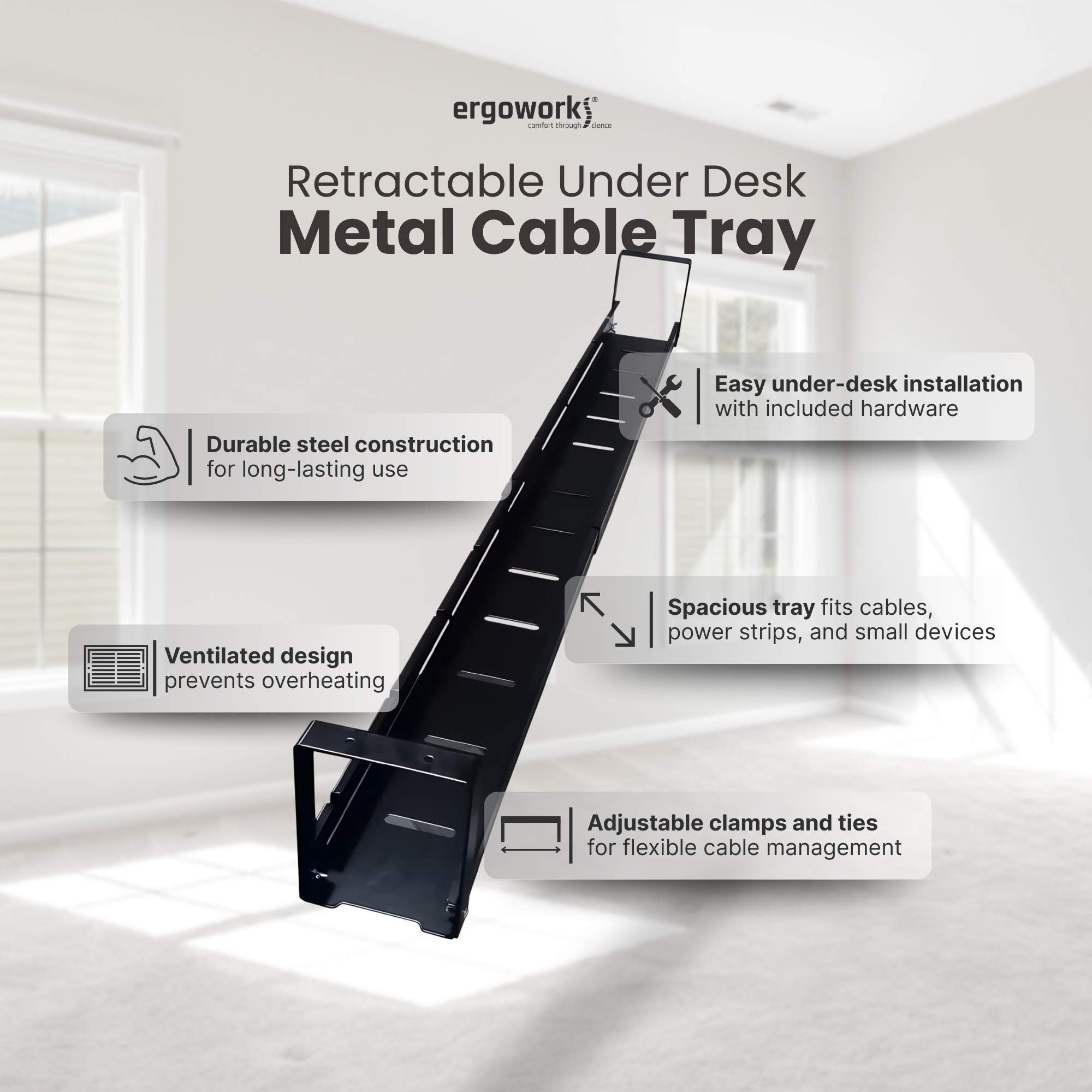 Retractable Under Desk Desk Metal Cable Tray