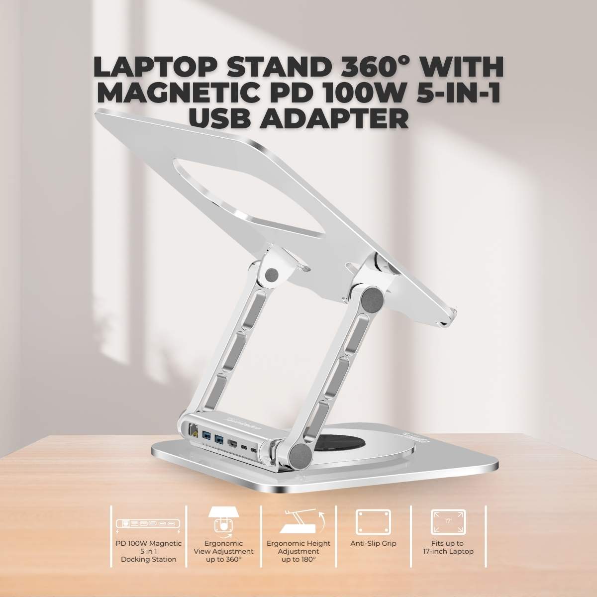 Laptop Stand 360º with Magnetic PD 100W 5-in-1 USB Adapter