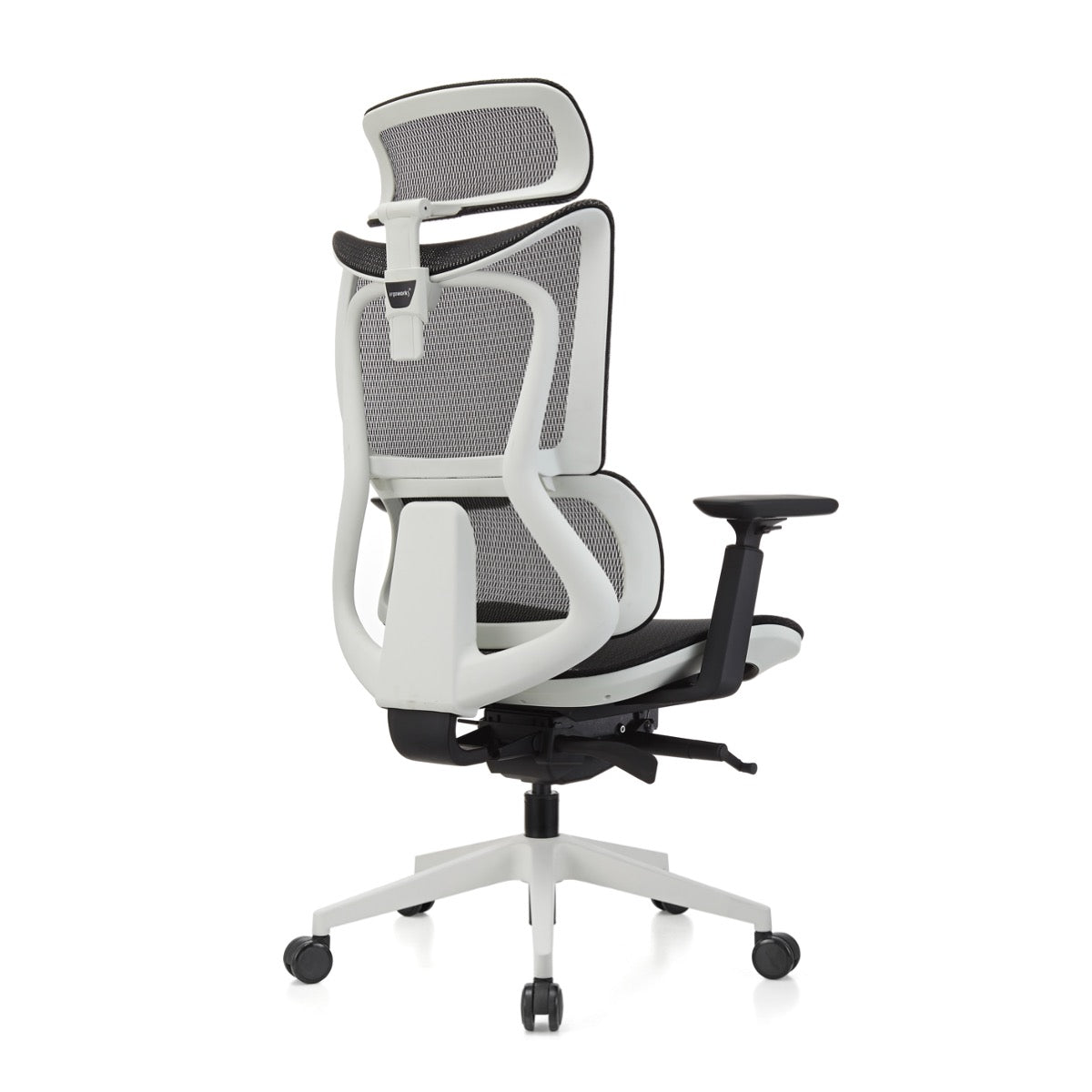 ERGOWORKS – Premium Ergonomic Chair – WHITE FRAME, BLACK MESH SEAT, NYLON BASE With PU CASTOR – EW-G8814NWH-H01