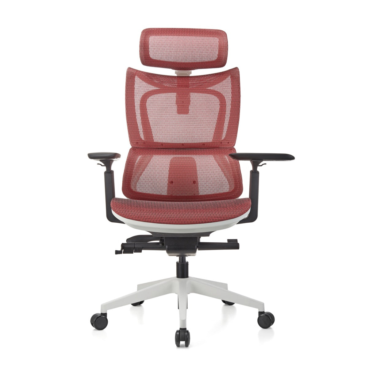 ERGOWORKS – Premium Ergonomic Chair – WHITE FRAME, RED MESH SEAT, NYLON BASE With PU CASTOR – EW-G8814NWH-H02