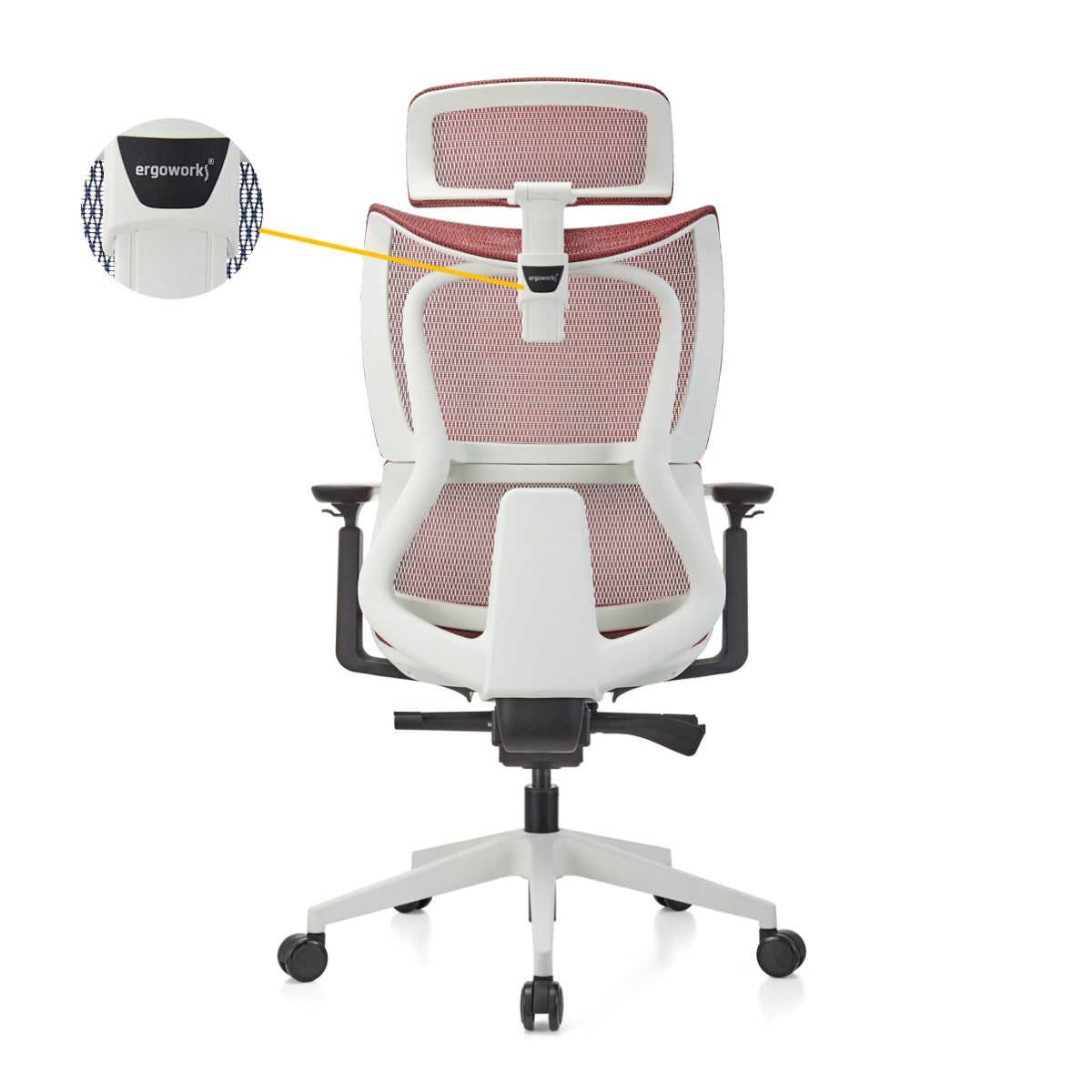 ERGOWORKS – Premium Ergonomic Chair – WHITE FRAME, RED MESH SEAT, NYLON BASE With PU CASTOR – EW-G8814NWH-H02