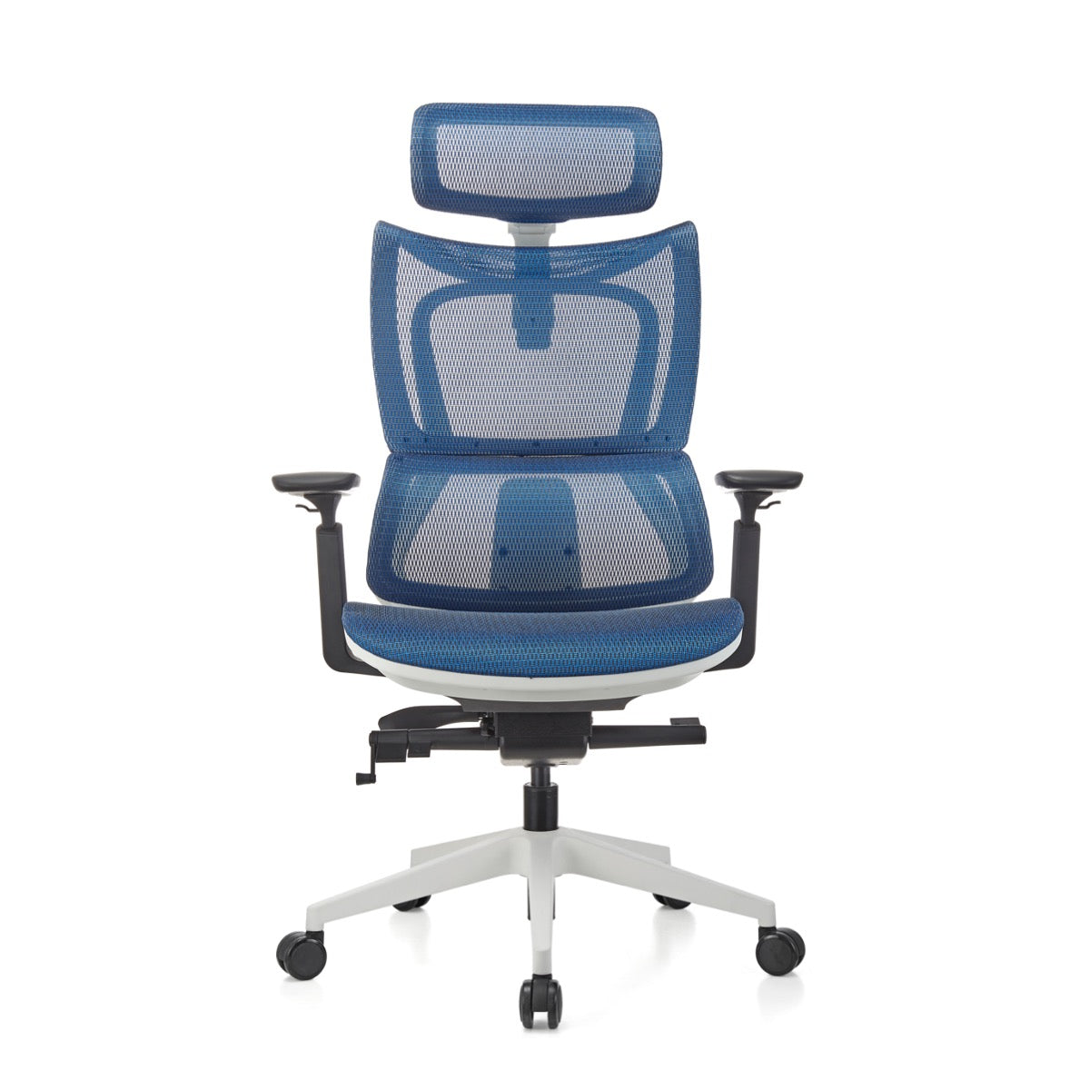 ERGOWORKS – Premium Ergonomic Chair – WHITE FRAME, BLUE MESH SEAT, NYLON BASE With PU CASTOR – EW-G8814NWH-H04