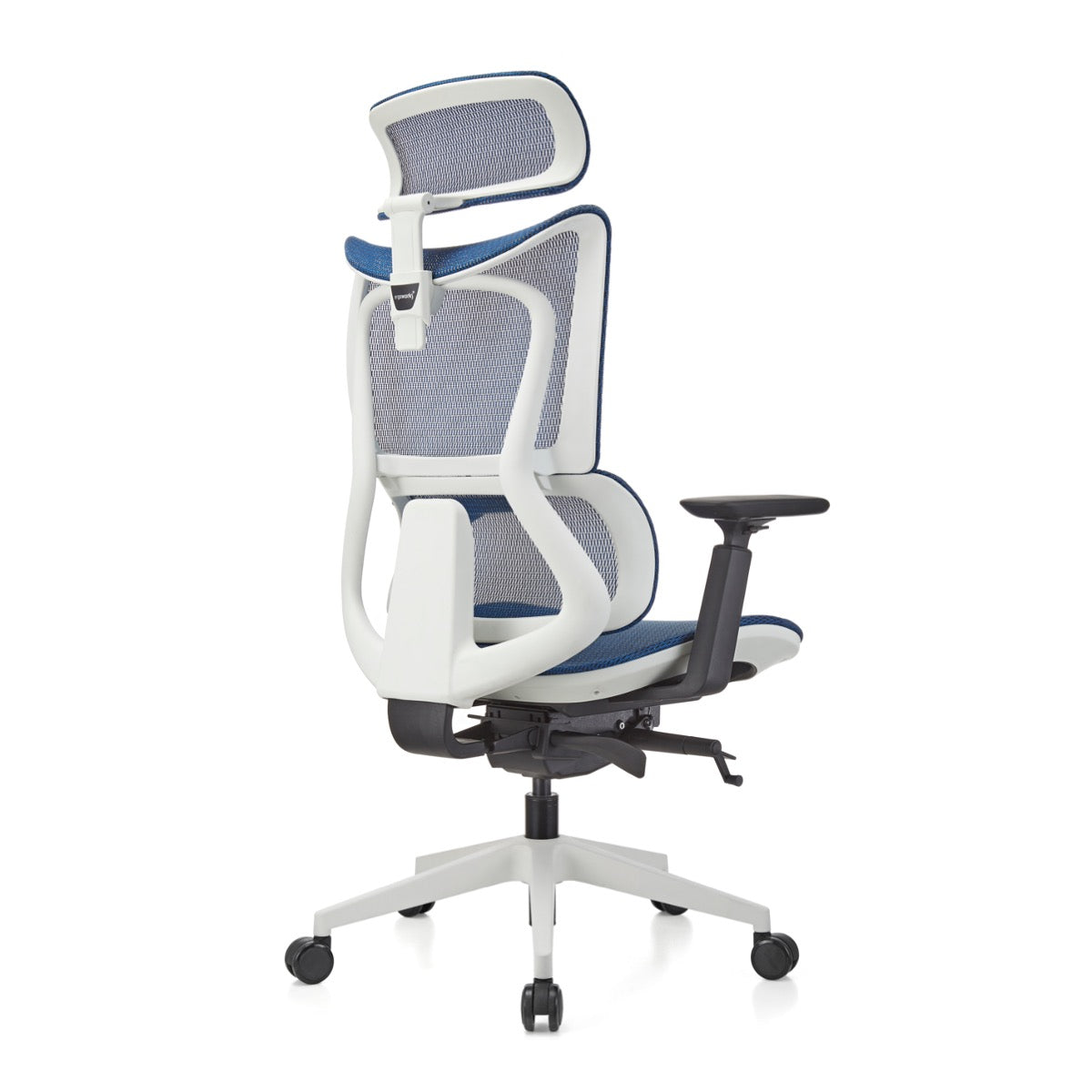 ERGOWORKS – Premium Ergonomic Chair – WHITE FRAME, BLUE MESH SEAT, NYLON BASE With PU CASTOR – EW-G8814NWH-H04
